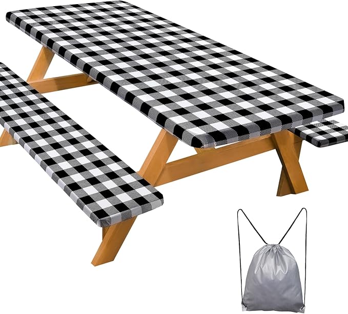 Play Tailor Picnic Table Cover with Bench Covers Camping Essentials Waterproof Windproof Camping Tablecloth with Drawstring Bag, Fitted Rectangle Tables and Seats, 72in, White Black Checkered
