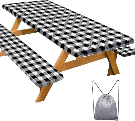 Play Tailor Picnic Table Cover with Bench Covers Camping Essentials Waterproof Windproof Camping Tablecloth with Drawstring Bag, Fitted Rectangle Tables and Seats, 72in, White Black Checkered