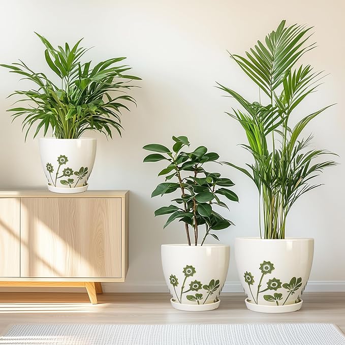 Ceramic Planters - 10+8+6 Inch Plant Pots with Drainage Holes and Saucers, Boho Decorative Round Flower Pots for Indoor Outdoor Plants, Housewarming Gifts, Office Decor, Set of 3, White