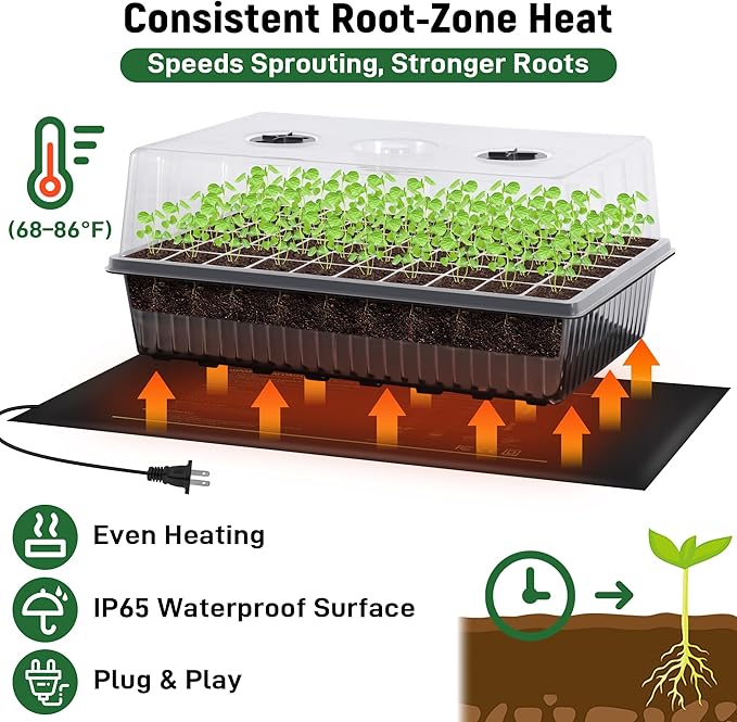 60-Cell Self-Watering Seed Starter Kit with Grow Light and Heat Mat, Seedling Tray with Humidity Dome, Indoor Plant Germination Tray for Beginners - Grow Tomatoes, Peppers, Herbs & Flowers