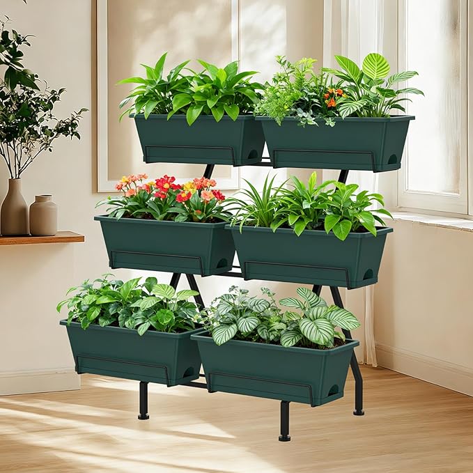Vertical Raised Garden Bed 3 Tier Vertical Garden Planter with 6 Container Boxes Indoor Outdoor Standing Herb Planter with Drainage Holes Removable Tray for Small Space Patio Balcony Porch, Green