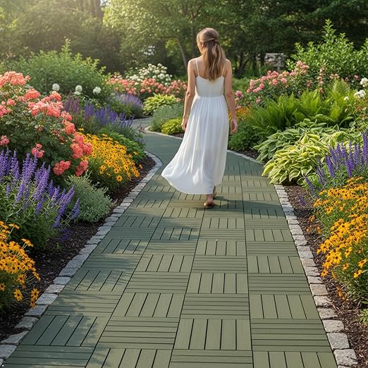 Acacia Wood Flooring Interlocking Deck Tiles for Patio Decor 27 Pcs 12 Slats VR Muted Green - Waterproof Indoor & Outdoor Decor - Balcony Garden Decking Tile (12.2 * 12.2 * 0.7 inches)
