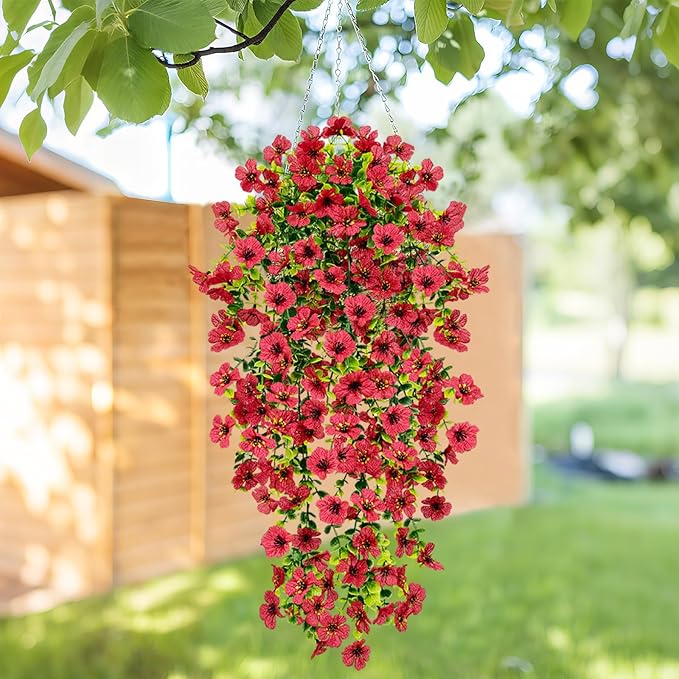 4 Pcs Outdoor Fall Decor, Fall Flowers Artificial For Decoration, Artificial Mums For Outdoors, Fake Mums Faux Mums For Outside Half Sphere, Fake Hanging Plants Plastic Flowers For Home Porch (Red)