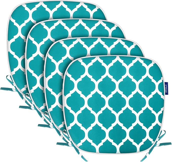 SleepMan Outdoor 17"x16" Chair Cushions with Ties Set of 4, Water Resistant All Weather U-Shape Seat Pads for Patio Garden Furniture Indoor Fade Resistant Patio Cushions (Aqua Plaid)