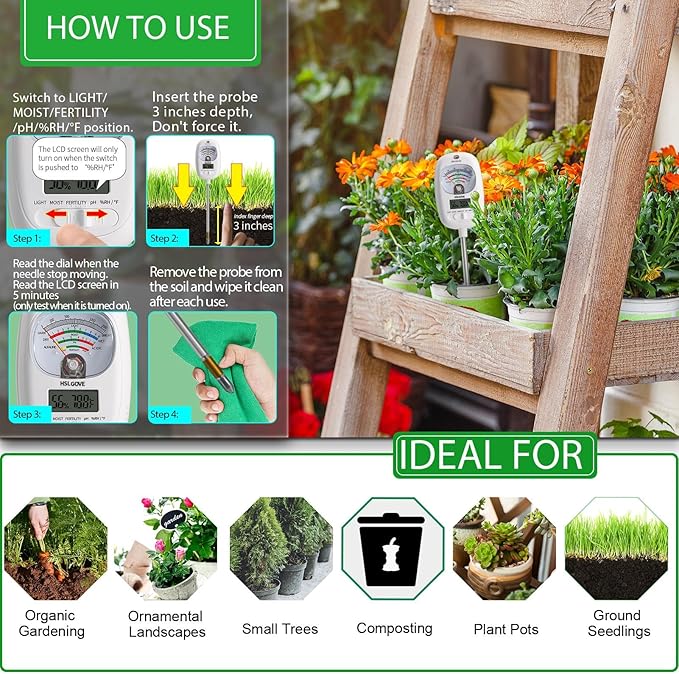 HSLGOVE Soil Test Kit, 7-in-One Soil Moisture Meter/Soil PH Meter/Fertility, Dual Screen Soil Tester w/Digital Soil Temp/Air Temp&Humidity for Plants Gardening,Lawn,Farm Indoor&Outdoor-Ice White