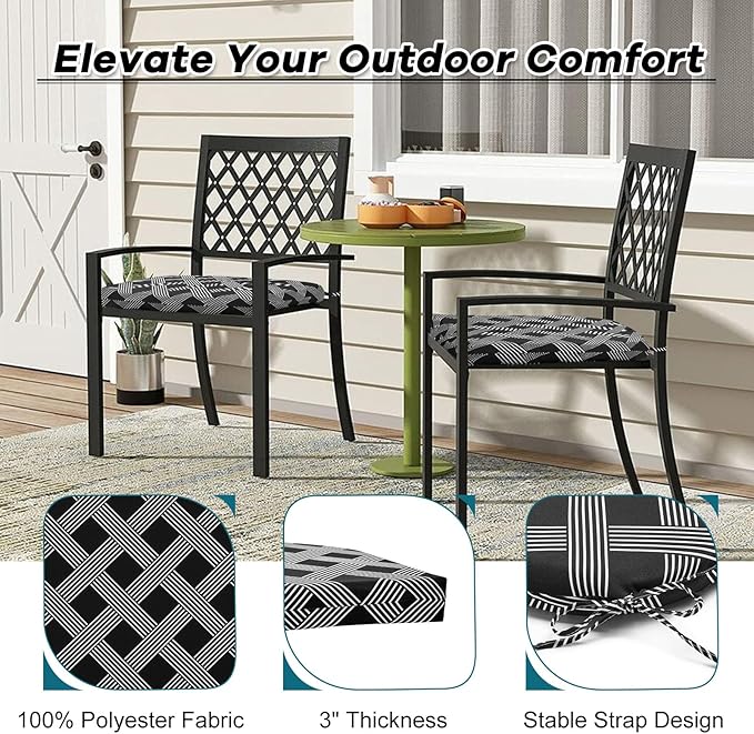 Basic Beyond Outdoor Chair Cushions Set of 4, Outdoor Cushions for Patio Furniture, Water Resistant Patio Chair Cushions with 2 Ties, 17x16x2, Black Geometry