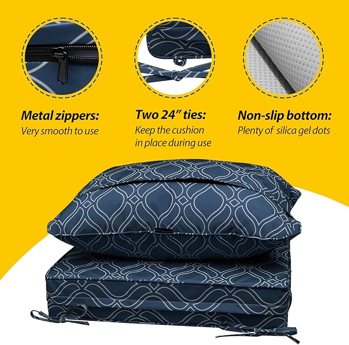 AAAAAcessories Outdoor Seat Cushions for Chairs, Fade-Resistant, Waterproof Patio Furniture Replacement Cushions, 25.5" x 25.5" x 5" + 25.5" x 19", Slate Blue Vine Trellis