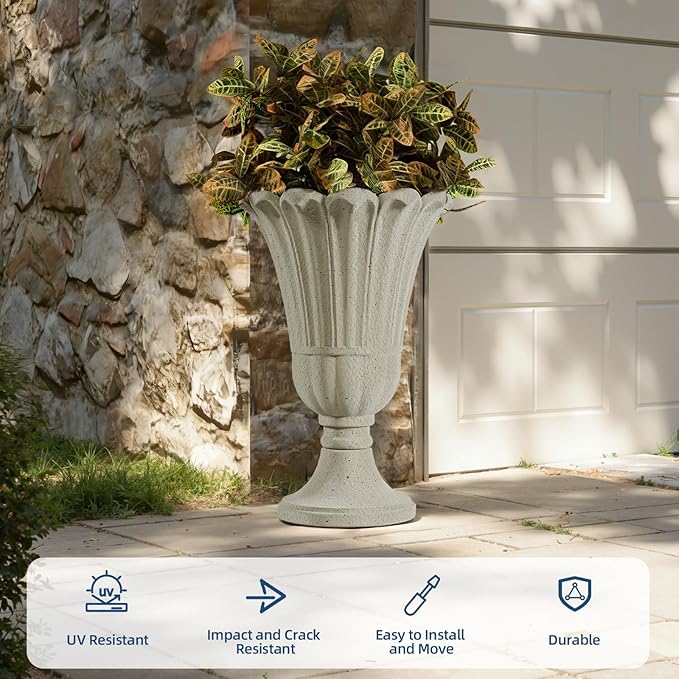 Tall Plastic Urn Planters for Outdoor Plants Set of 2-23.6" H Classic Petal Design Indoor Large Flower Pots with Drainage Holes, Outdoor Planters for Porch Decor/Garden Vase, Beige/Off White