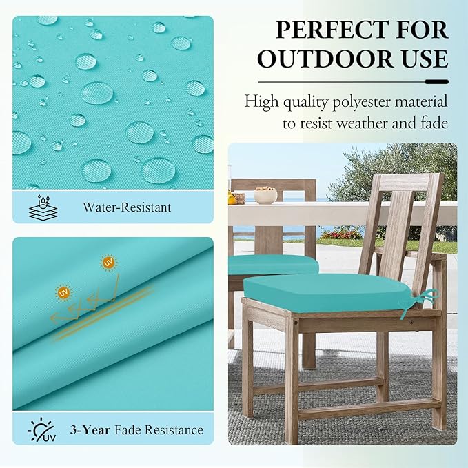 Wellsin Outdoor Chair Cushions for Patio Furniture, 3-Year Color Fastness Patio Chair Cushions Set of 2, Water Resistant Round Corner Outdoor Seat Cushions 17"X16"X2", Teal