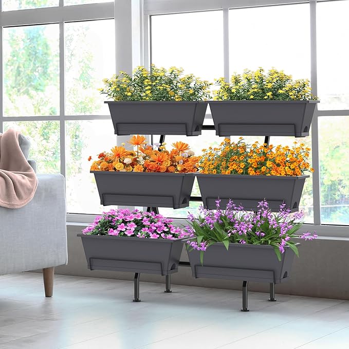 Sunexinlo 3-Tier Vertical Garden Planter with 6 Boxes, 31" Tall Raised Garden Bed with Adjustable Feet for Herbs, Flowers, Vegetables, Ideal for Indoor, Outdoor, Patio, Balcony, Deck Use, Gray