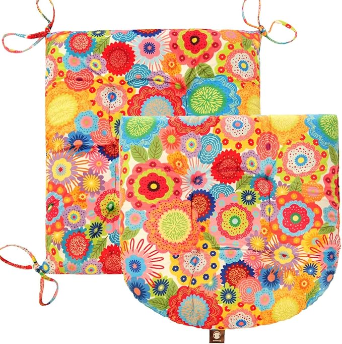 Outdoor Patio Cushion, Rocking Chair Cushion, Tufted Pads, Set of Upper and Lower with Ties Pack of 2 (2 Sets) - Back 20"×17", Seat 17"×17" (Multicolored Flowers)