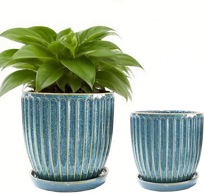 5 + 6 Inch Ceramic Plant Pots with Drain Hole & Saucer, Flower Pots for Indoor/Outdoor Plants - Succulent, Snake Plant, Money Tree, Aloe Vera, Basil Planter, Glaze Blue