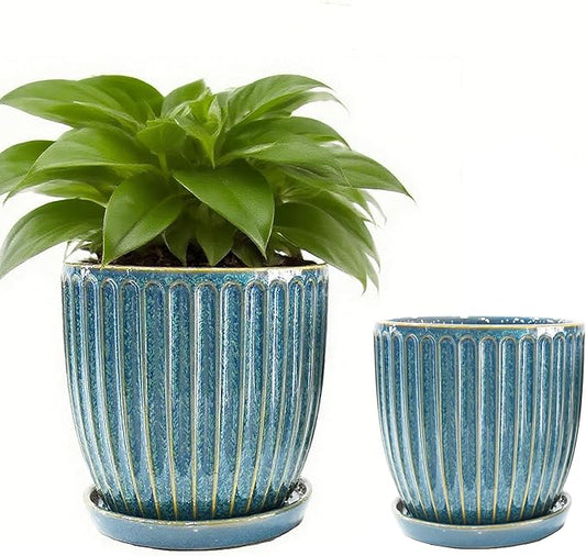 5 + 6 Inch Ceramic Plant Pots with Drain Hole & Saucer, Flower Pots for Indoor/Outdoor Plants - Succulent, Snake Plant, Money Tree, Aloe Vera, Basil Planter, Glaze Blue