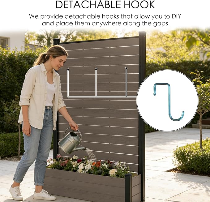 Kozyard Privacy Screen with Planter, 70" H x 51" W Outdoor Garden Screen, Waterproof Aluminum Frame with Thick Wood-Plastic Boards, Decorative Privacy Screen for Patio, Balcony & Backyard Beige