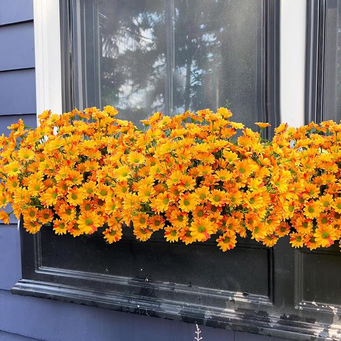 16 Bundles Silk Daisy Artificial Flowers for Outdoors UV Resistant Fake Daisies Plastic Plants Flower for Home Outside Front Door Porch Garden Patio Planters Decoration (Orange)