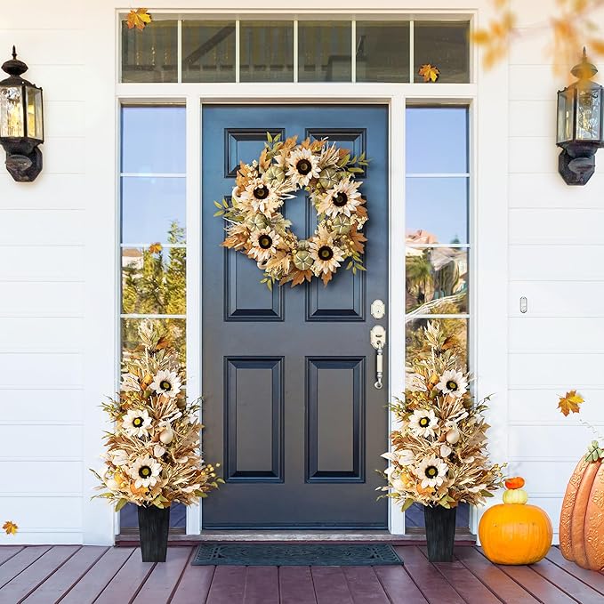 Glitzhome 2 PCS 36”H Fall Porch Tree, Harvest Artificial Porch Tree with Sunflower, Pinecone and Berry Porch & Black Planter, for Autumn Fall Harvest Thanksgiving Christmas Decoration