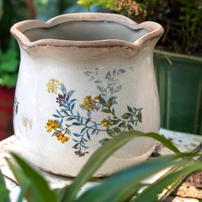 Rustic Ceramic Planter, 6 Inch Tuscan Vintage Flower Pot with Drainage, Farmhouse Garden Pot for Indoor Plants, Kitchen & Garden Tuscan Decor, Plant Lover Gift (Yellow)