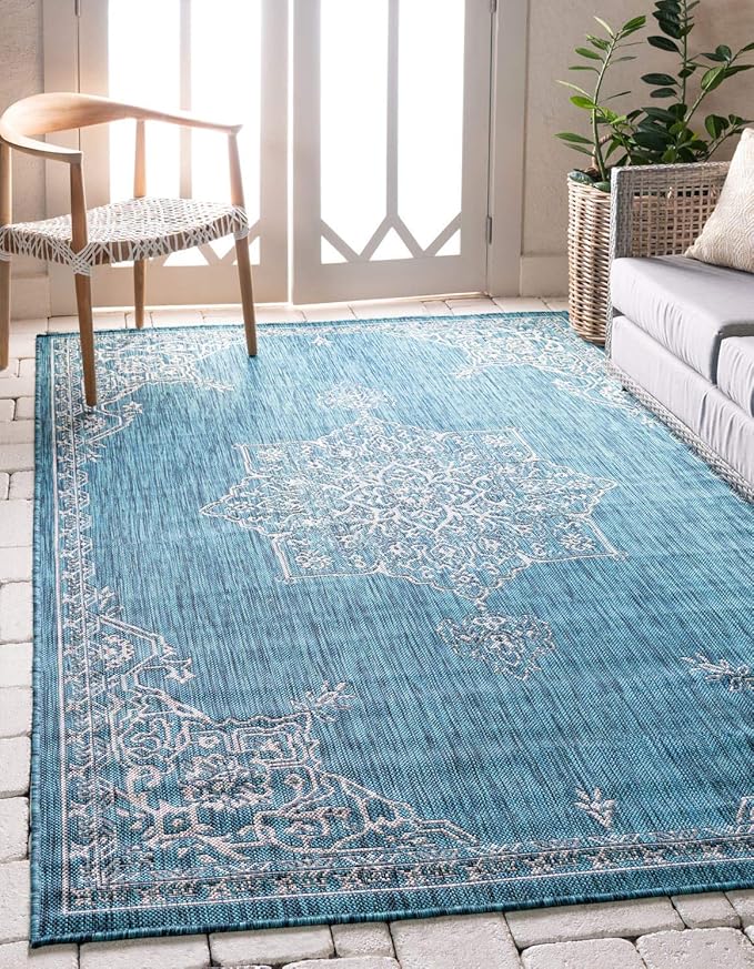 Unique Loom Outdoor Traditional Collection Area Rug - Antique (4' 1" x 6' 1" Rectangle, Teal/ Gray)