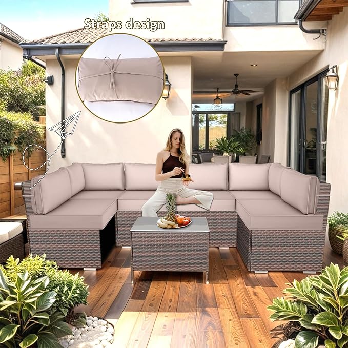 Outdoor Replacement Cushions for Patio Furniture,14-Piece Patio Water-Resistant Replacement Sofa Cushions,Fits 6-seat Sectional Rattan Conversation Set,Liner&Cover (Khaki)