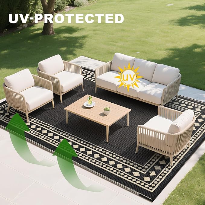 RURALITY Outdoor Rugs 5x8 Waterproof for Patios Clearance,Plastic Straw Mats for Backyard,Porch,Deck,Balcony,Black and Beige