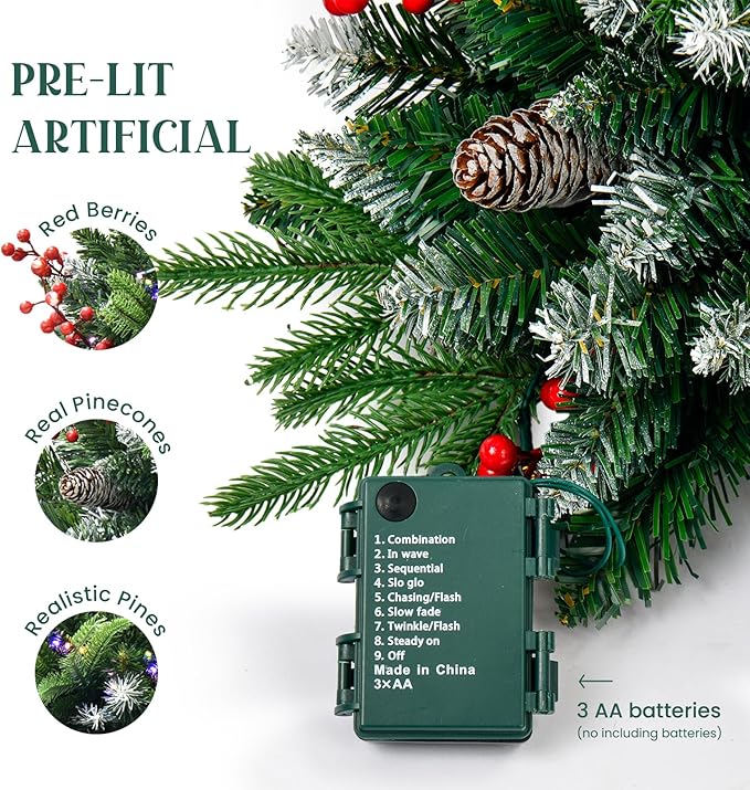 2 Pack Artificial Christmas Urn Filler,20" MUL-ti Color 50 LED Outdoor/Indoor Trees with 8 Modes & Auto Timer,Waterproof Battery Box & Stakes,Includes Pine Cones & Red Berries for Holiday Decor