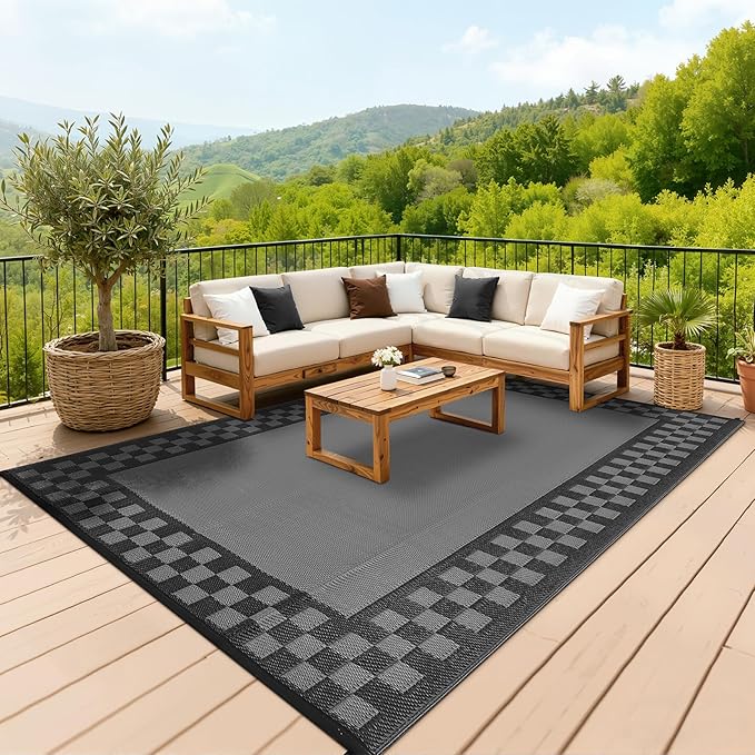 Garvee Outdoor Rug 9x12 Waterproof Reversible Patio Rug Modern Geometric Outdoor Carpet, Fade-Proof & Weather Resistant Minimalist RV Picnic Camping Mat for Garden Backyard Balcony,Gray & Black