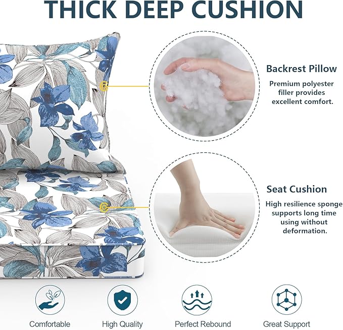 Outdoor Deep Seat Cushion Set, Water Repellent 24"x24" Patio Thick Cushions Replacement with Seat & Back Pillow for Patio Sofa, Wicker Chair, Couch - Clemens Noir Blue