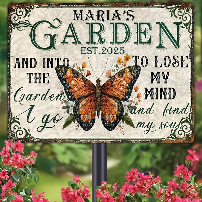 Custom Garden Signs Personalized Metal Tin Sign for Women, Retro Funny Butterfly Metal Sign for Outdoor, Patio, Yard Rustic Home Decor Gift for Mothers Day, Grandmas, and Gardening Lovers