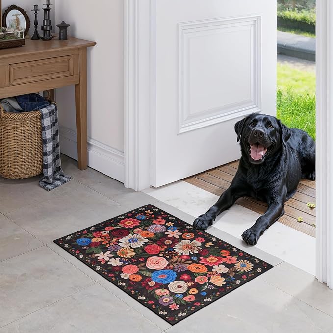 Black Area rugs 24x17 Inch Home Decor Entry Rug, Small Door Mat Bath Mats for Bathroom, Ultra-Thin Non Slip Floral Low Pile Tub Mat for Sink Shower Doorway Tub Kitchen Sink(2 x 1.4 ft, Black Garden)