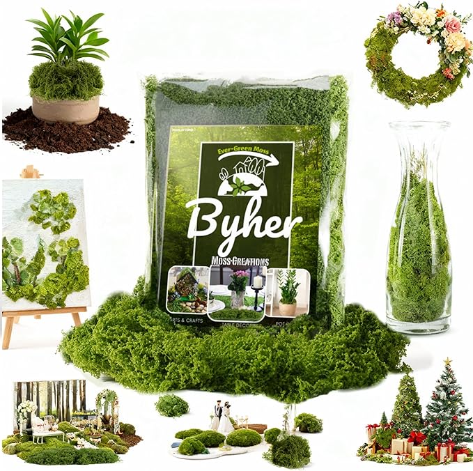 BYHER Fake Moss for Crafts – 3.5OZ Fluffy Cloudlike Artificial Moss for Potted Plant Indoor & Fairy Gardens – Realistic Green Moss Alternative for Terrariums, Dioramas, Model Scenes (Dark Green)