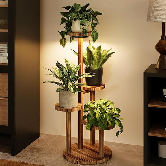 Bamworld Plant Stand Indoor with Grow Lights Plant Shelf 4 Tier Wood Plant Stand for Multiple Plants Tall Corner Plant Stands for Outdoor Round Flower Stand Plant Holder for Living Room Patio Garden Balcony