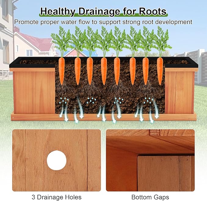 Giantex Outdoor Raised Garden Bed, 40” x 13” x 12” Pine Wood Planter Box with 3 Drainage Holes, Removable Bottom & Bed Liner, Rectangular Flower Container for Vegetables, Herbs, Indoor & Outdoor