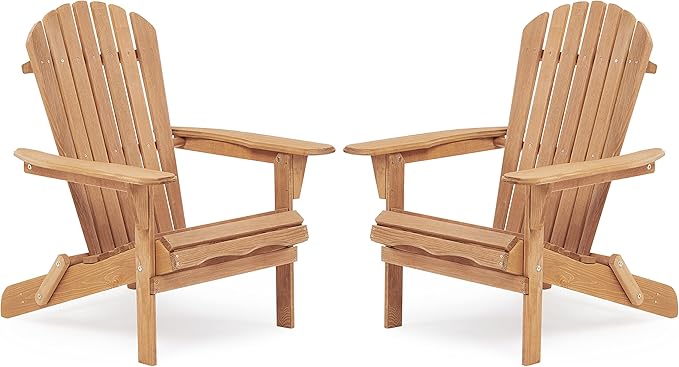 Outdoor Wooden Folding Adirondack Chair Set of 2 with Pre-Assembled BackRest, Wood Patio Chair for Garden Backyard Porch Pool Deck Firepit