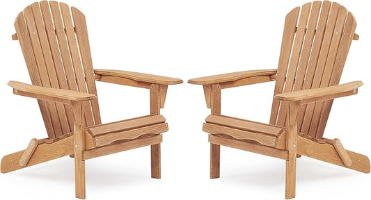 Outdoor Wooden Folding Adirondack Chair Set of 2 with Pre-Assembled BackRest, Wood Patio Chair for Garden Backyard Porch Pool Deck Firepit