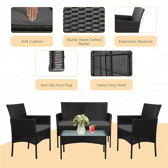 PROHIKER 4 Piece Outdoor Wicker Patio Conversation Furniture Set, Rattan Chair Wicker Sofa Garden Conversation Sets with Cushion and Glass Table for Yard Pool or Backyard, Black/Gray