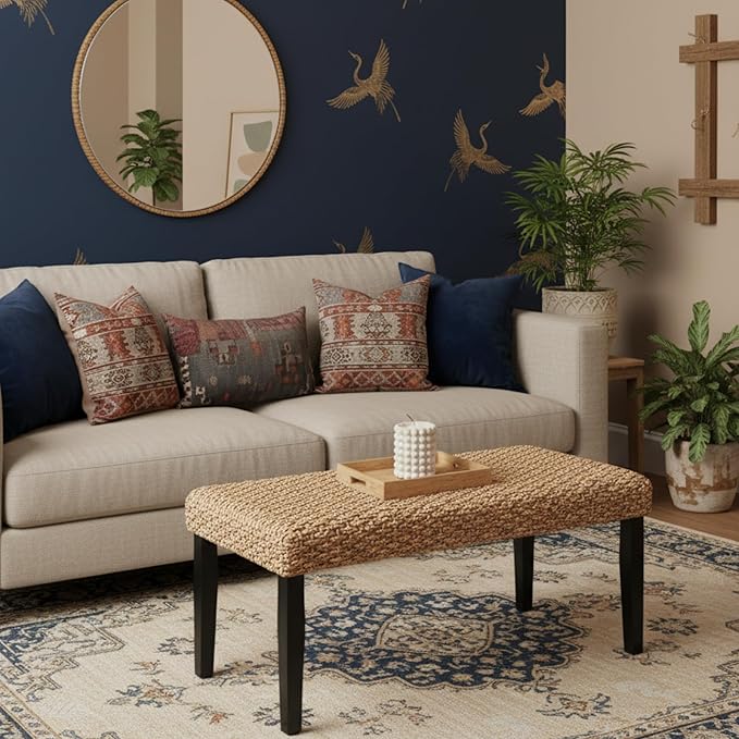 Solid Wood Acacia Indoor Bench with Natural Woven Seat, Boho Bench Entryway, Wood Bench for Living Room, Dining Benches, Wooden Bench for Bedroom, Entryway (Black Leg, Water Hyacinth)