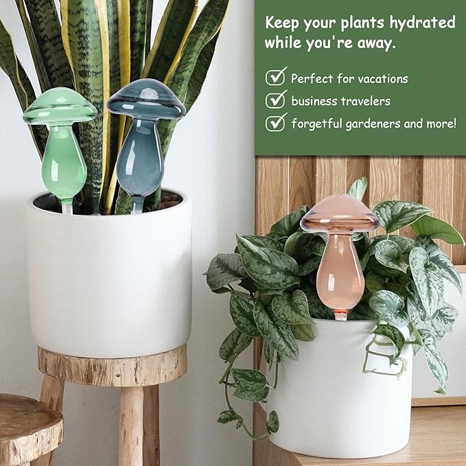 Mushroom Plant Watering Globes 3PCS Plant Watering Devices Glass Self Watering Planter Insert Automatic Plant Waterer Indoor