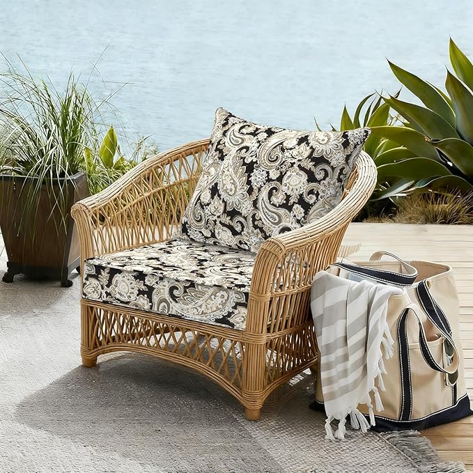 Outdoor Deep Seat Cushion Set, Water Repellent 22"x22" Patio Thick Cushions Replacement with Seat & Back Pillow for Patio Sofa, Wicker Chair, Couch - Paisley Black