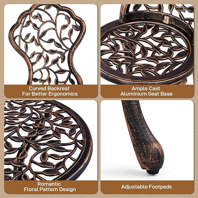 Outvita Patio Table and Chairs Set, Cast Aluminum Outdoor Cafe Table and Chairs Set of 3, Stability Patio Bistro Sets for Garden, Patio, Balcony, Leaf Pattern Bronze