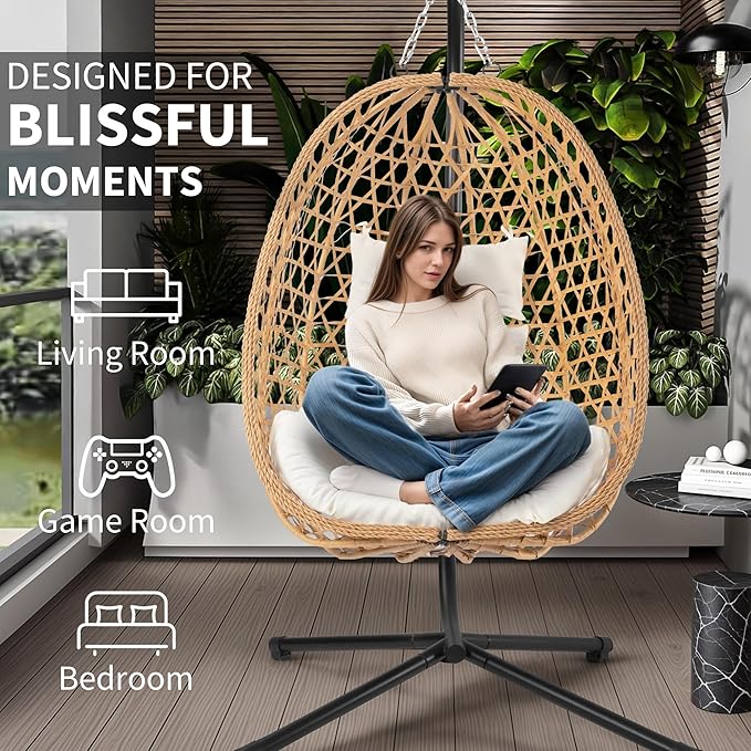 LEX CRAFT Egg Chair with Stand, Patio Wicker Hanging Chair, Hammock Swing Chair, 350LBS Capacity for Bedroom, Balcony, Garden (YE-BE)