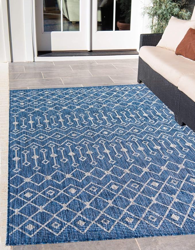 Unique Loom Outdoor Trellis Collection Area Rug - Tribal Trellis (9' x 12' Rectangle, Blue/ Ivory)