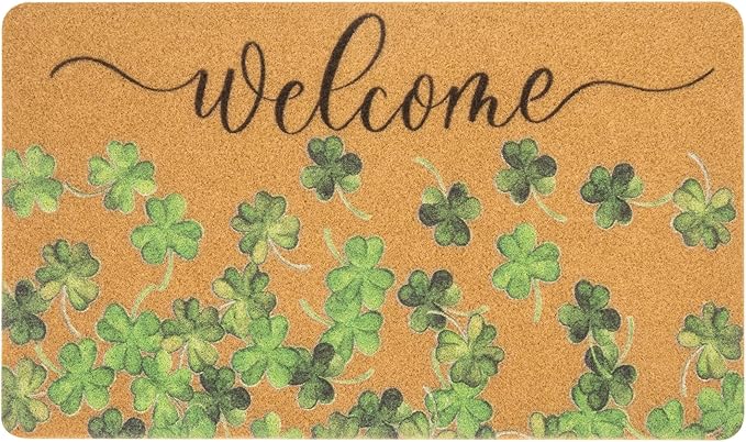 Lucky Clover Welcome Door Mat Outside Entrance, Faux-Coir Green Shamrock Thin Doormat, St. Patricks Day Decoration Outdoor Porch-Rug 17"X30" Non-Slip Dirt-Trapping for Home Garden Farm Spring Decor