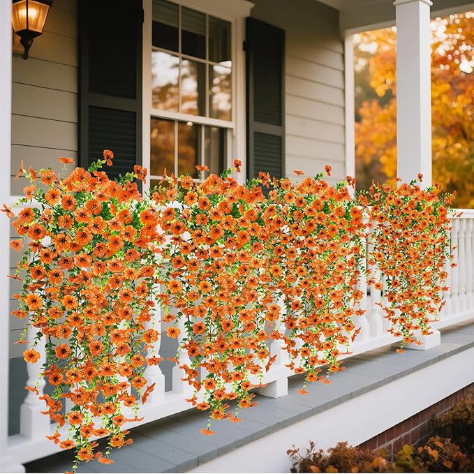 Artificial Hanging Flowers Plants for Outdoor Fall Decoration, 2PCS Faux Silk Daisy UV Resistant Look Real for Outside Home Indoor Planter Porch Garden Yard Autumn Decor(Orange)