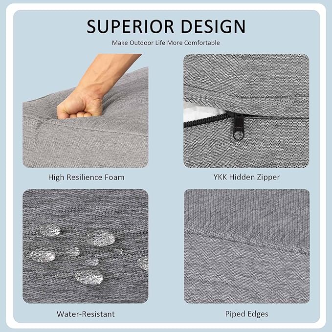 24x24 Inch Outdoor Deep Seat Cushions Set of 2,Thick High-Density Foam, Piped Edges & YKK Hidden Zipper,Water-Resistant UV-Resistant Polyester for Patio Furniture,Gray
