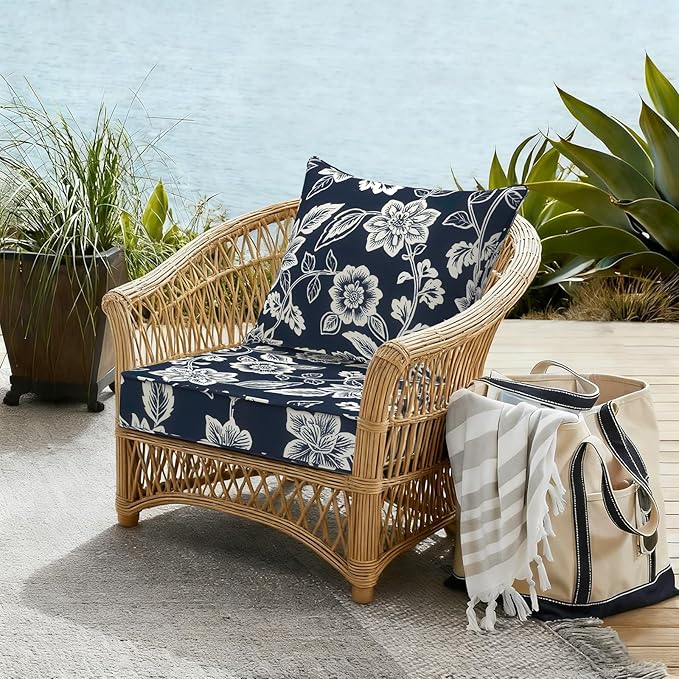 Outdoor Deep Seat Cushion Set, Water Repellent 22"x22" Patio Thick Cushions Replacement with Seat & Back Pillow for Patio Sofa, Wicker Chair, Couch - Vines Navy