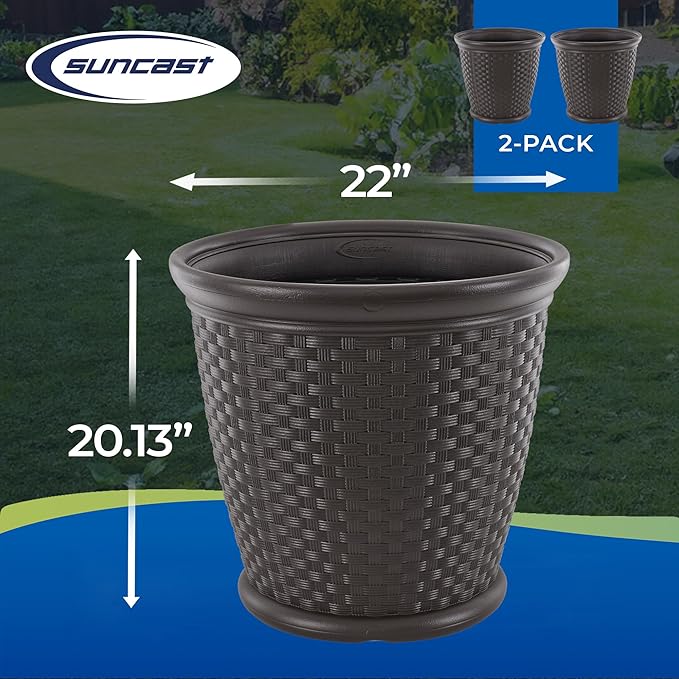 Suncast 2 Pack Sonora 22 Inch Plastic Wicker Indoor or Outdoor Decorative Garden Flower Planter for Entryways, Porch, and Backyard Patios, Dark Brown
