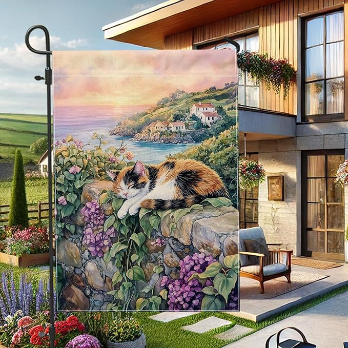 Spring Summer Cat Garden Flag, Calico Cat Relaxing Floral Home Decor Garden Banner, Double Sided Polyester Yard Flag Outdoor Lawn Decoration 12x18 Inch