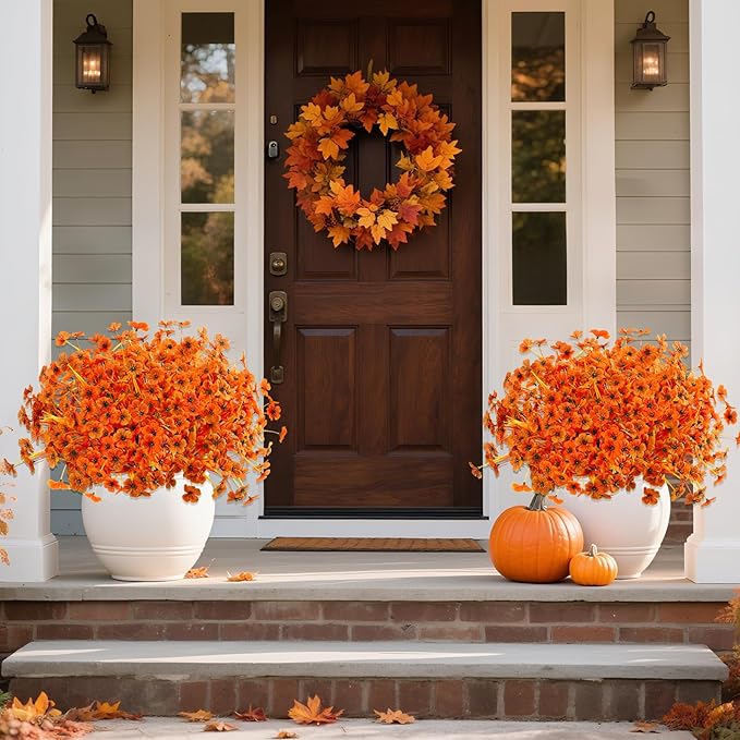 Artificial Mums Fall Fake Flowers for Outdoors, 12 Bundles Faux Mums for Outdoor Planters Autumn Decorations,UV Resistant Silk Flowers for Front Porch Garden Patio Home Decor(Sunset Orange-red)