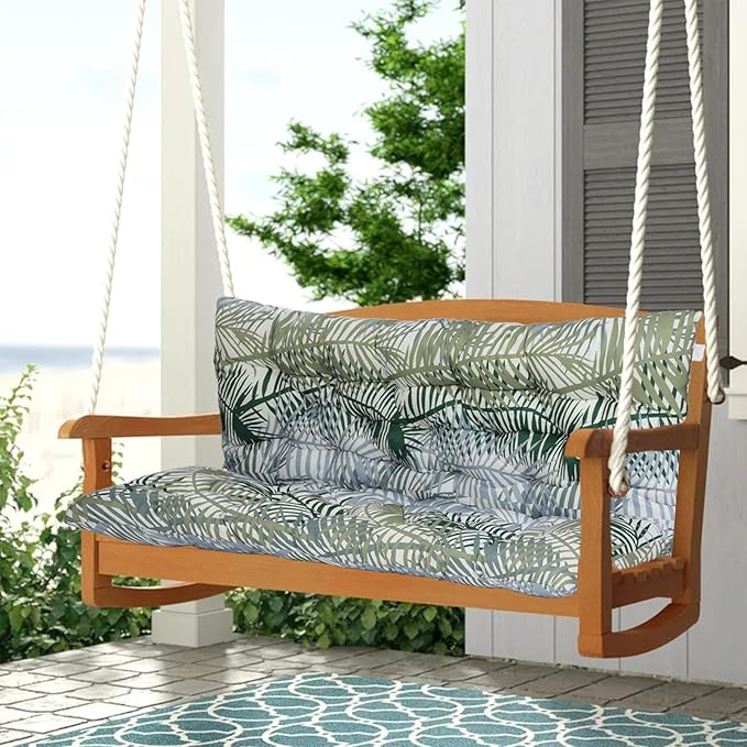 2-3 Seat Swing Replacement Cushion, Outdoor Bench Cushions with Backrest Thicken 4", Patio Furniture Garden Porch Loveseat Glider Pad Anti-Fading Waterproof (Green Leaves, 40x70in)