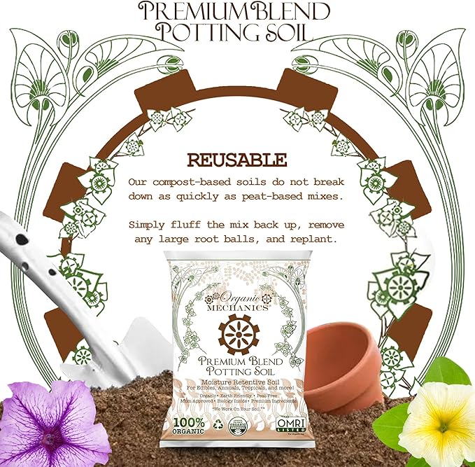 Organic Mechanics Premium Blend Potting Soil, 8 qt - Moisture-Retentive, Peat-Free, Compost - Enriched Mix with Worm Castings & Perlite for Houseplants, Annuals, Veggies & Tropical Plants